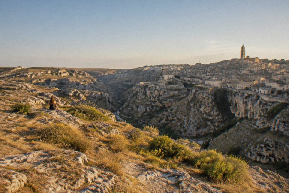 The Murgia plateau seen from above the Gravina canyon with the Sassi of Matera opposite