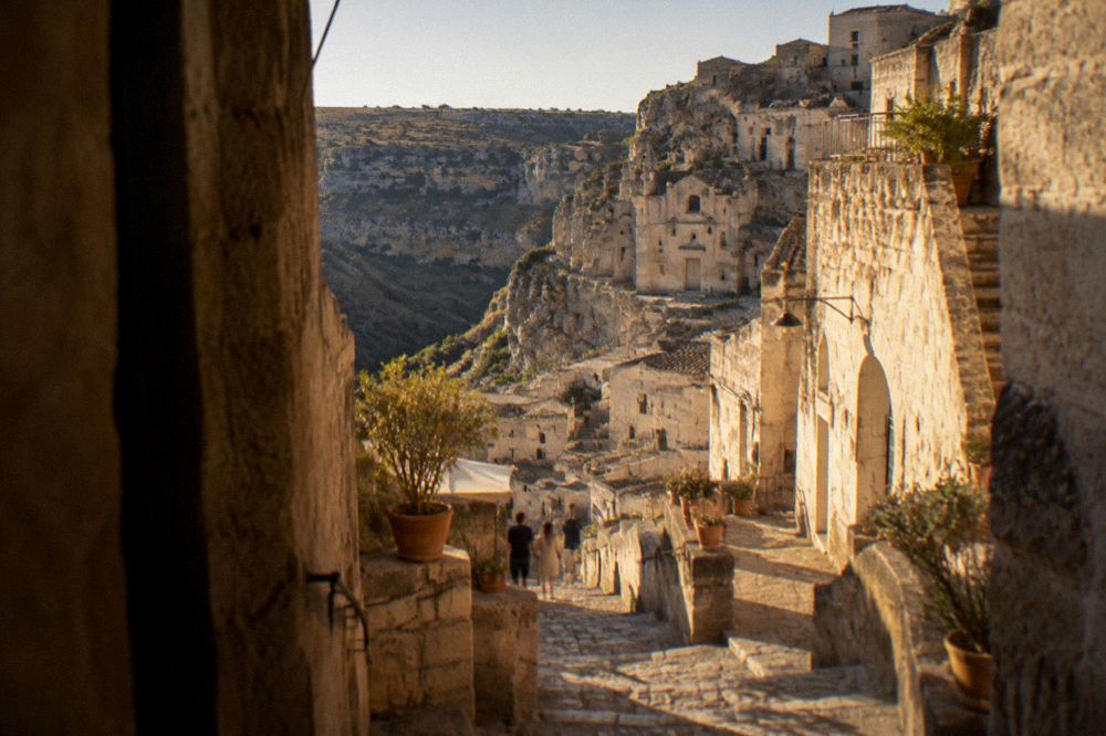 Cave house facades and stone stairways in the Sasso Caveoso quarter of Matera