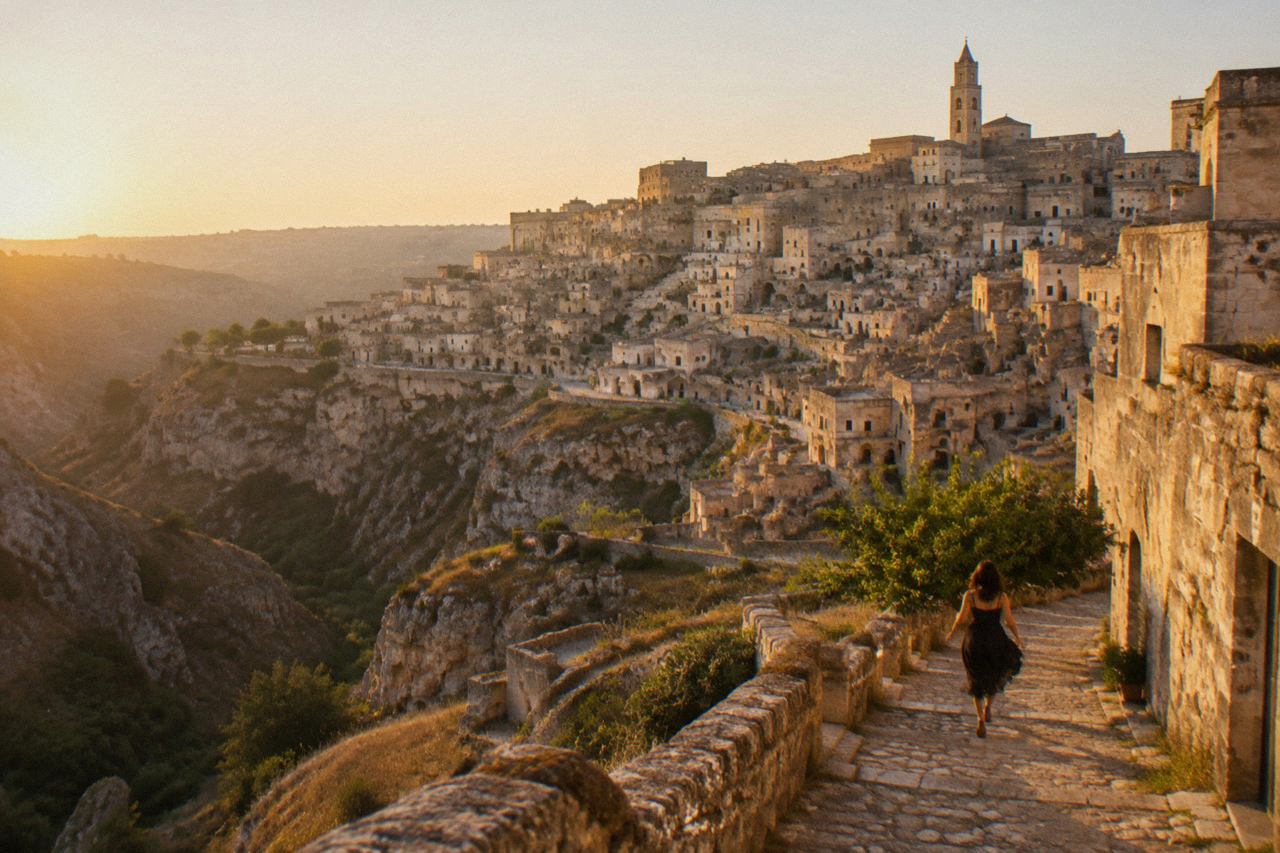 Panoramic view of the Sassi cave districts of Matera seen from across the Gravina canyon at golden hour