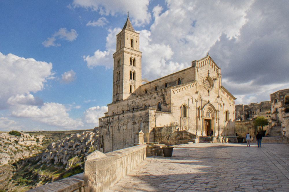 The Cathedral of Matera seen on the ridge between the two Sassi districts from a high terrace