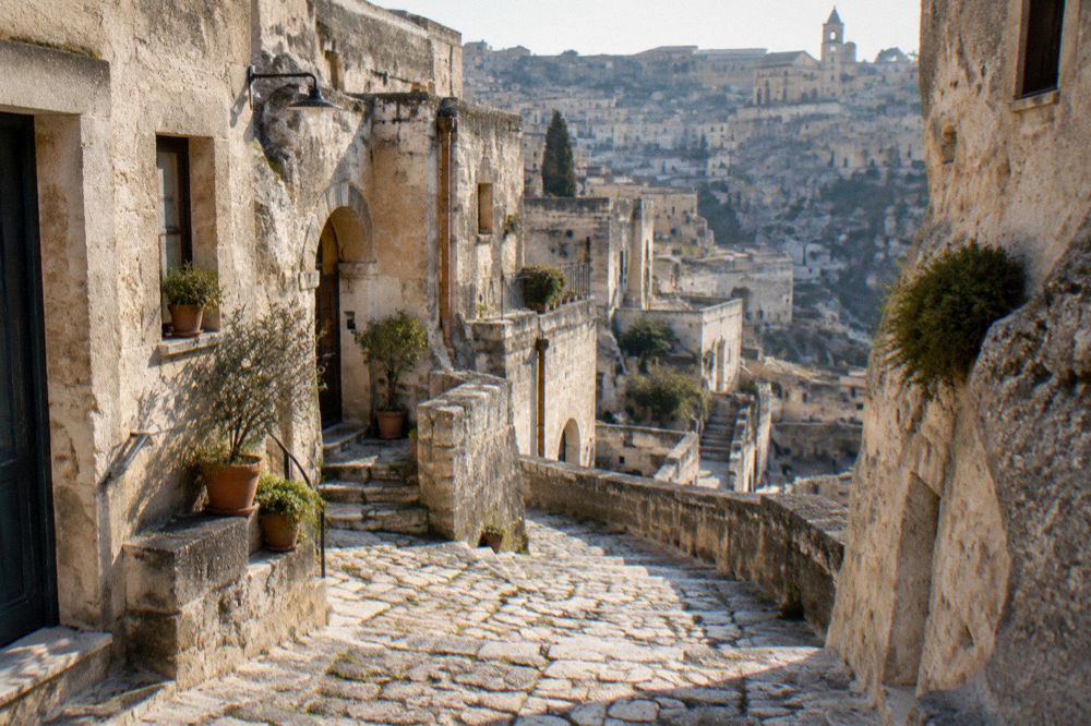 Stepped stone lane in the Sassi curving between cave house facades in warm afternoon light