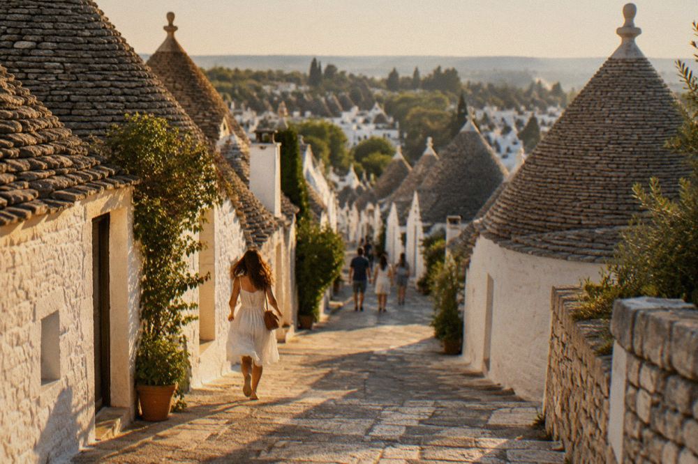 Conical trulli rooftops of Alberobello seen from above in morning light