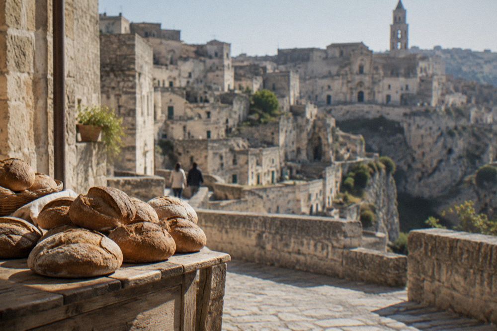Round loaves of Matera bread on a wooden bakery counter