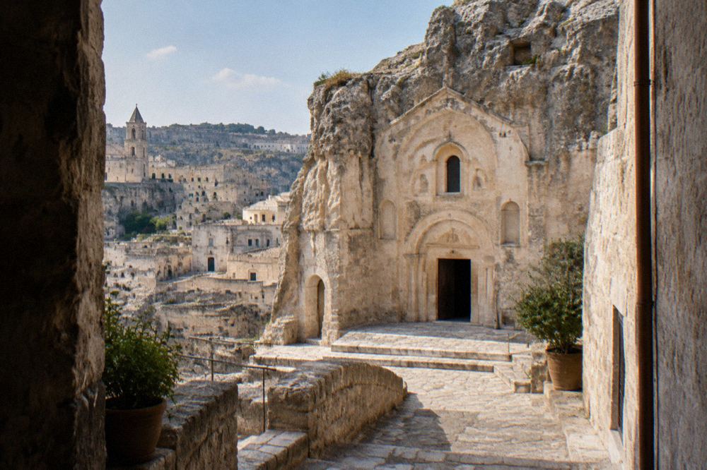A rock-hewn church facade carved into pale limestone in the Sassi district of Matera