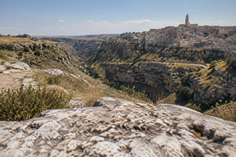 The Gravina canyon and the Murgia plateau seen from a path opposite the Sassi of Matera