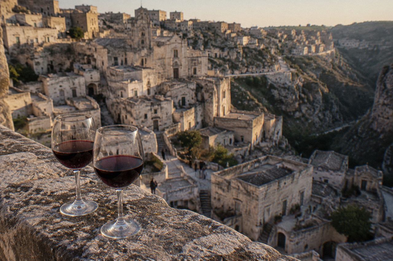 Glasses of red wine on a stone ledge above the cave houses of the Matera Sassi at dusk