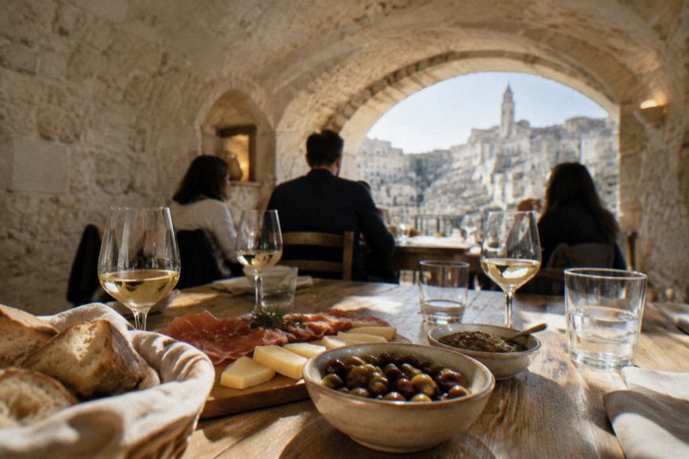 A small group seated at a wooden table in a stone-vaulted room with tasting glasses and plates of local food