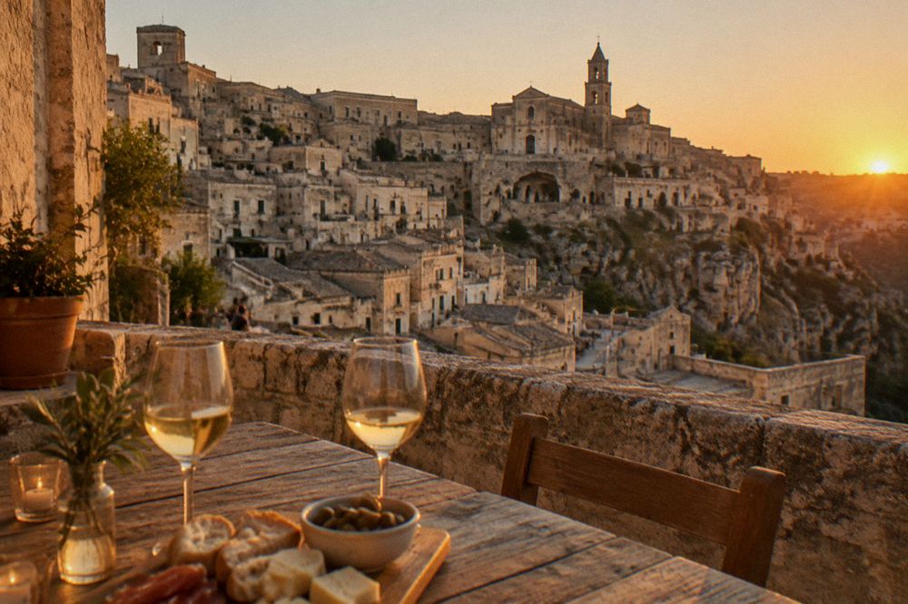 A sunset tasting table on a stone terrace overlooking the Sassi district of Matera