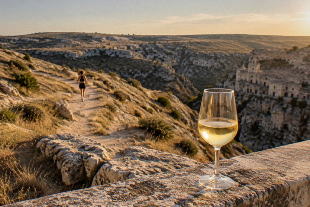 A glass of white wine on a stone balustrade with the Murgia plateau and canyon beyond at golden hour