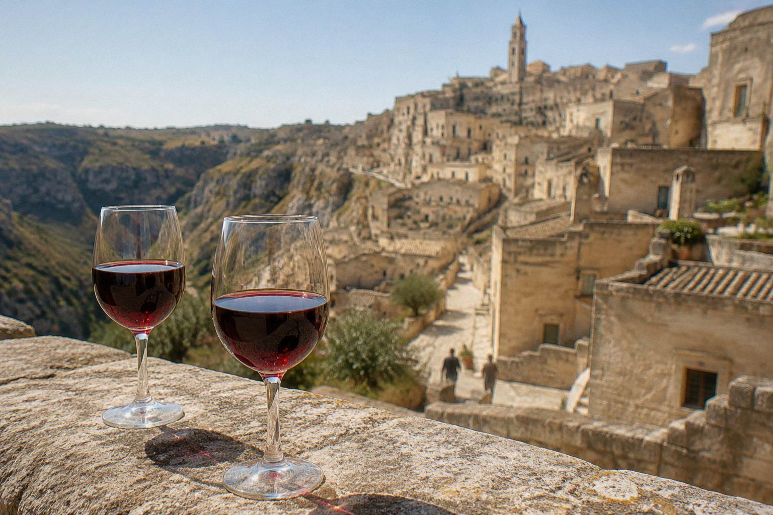 Two glasses of red wine on a stone ledge with the Sassi blurred behind