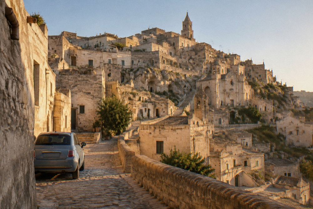 A small car parked at the edge of a tufa stone lane in the Sassi of Matera
