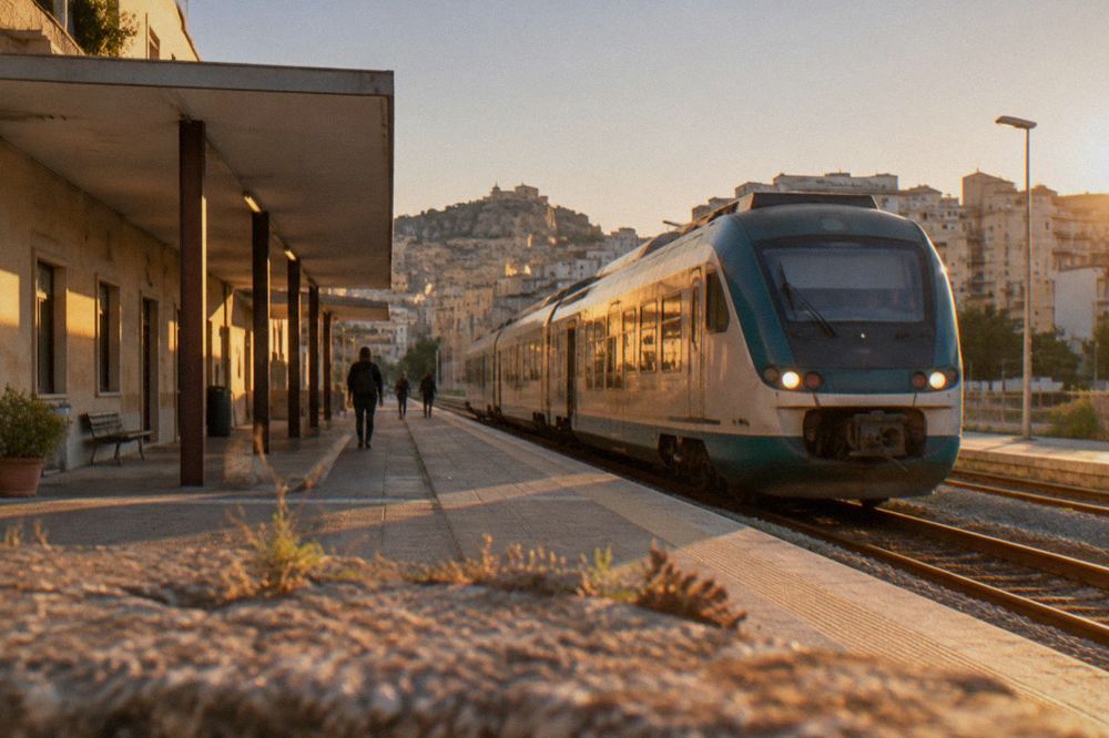 A regional train waiting at a small southern Italian railway station platform