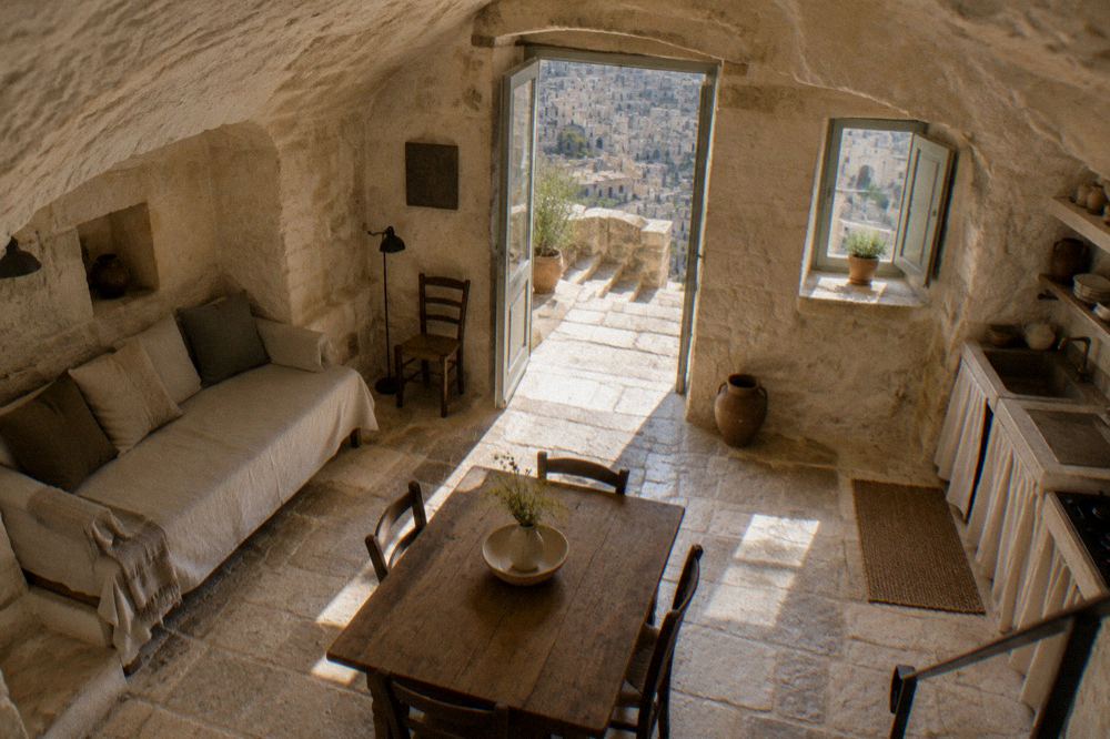 Interior of a restored cave dwelling in Matera with stone walls and period furnishings