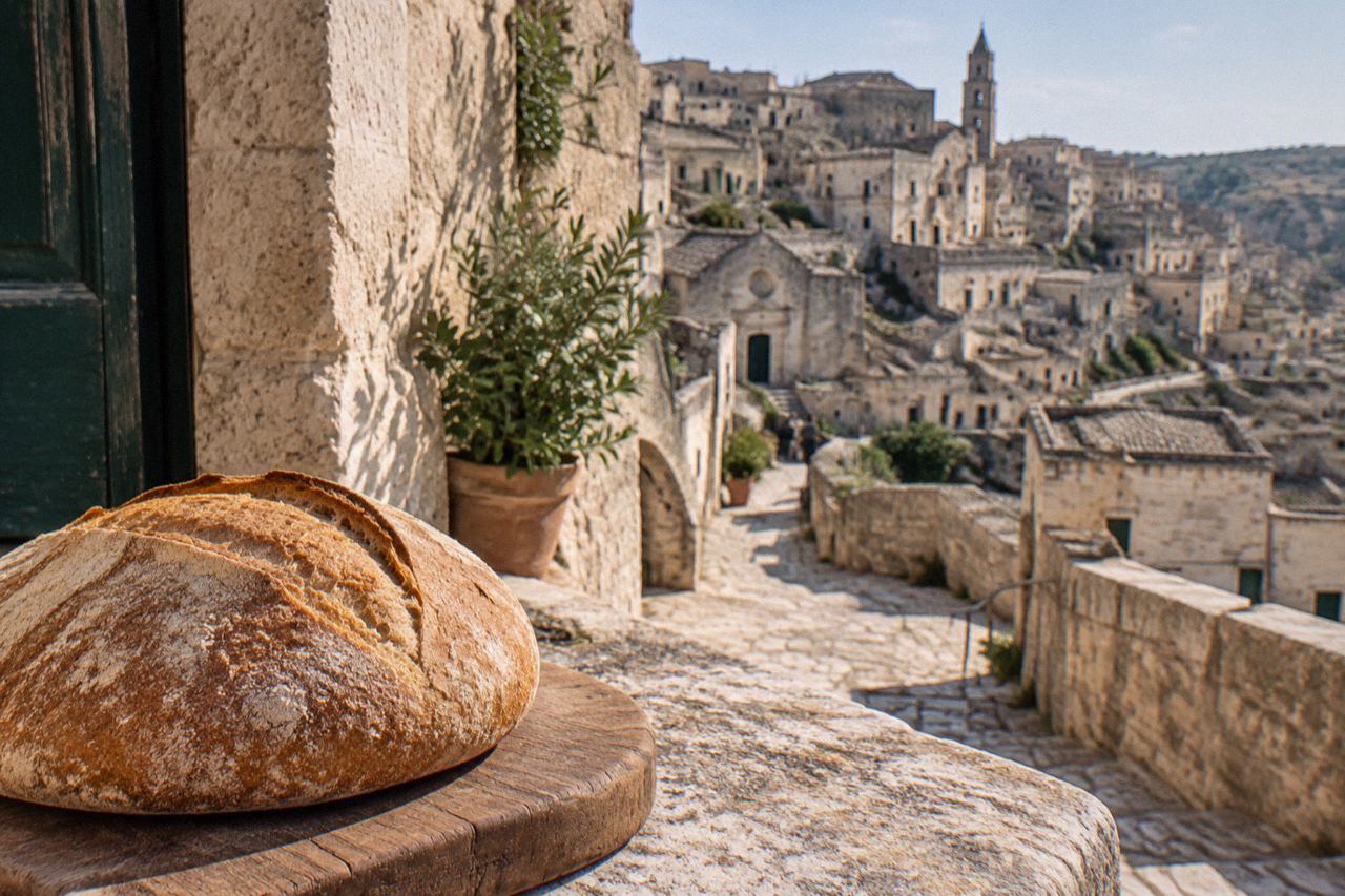 A round loaf of crusty bread resting on a wooden board beside a stone doorway in Matera