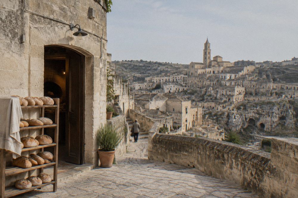 A stone lane in the Sassi of Matera with a bakery doorway and loaves cooling on a wooden rack