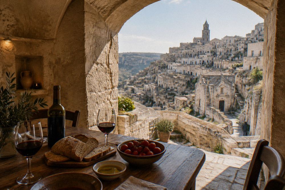A table set with bread, olive oil, tomatoes and wine inside a stone-vaulted dining room in Matera