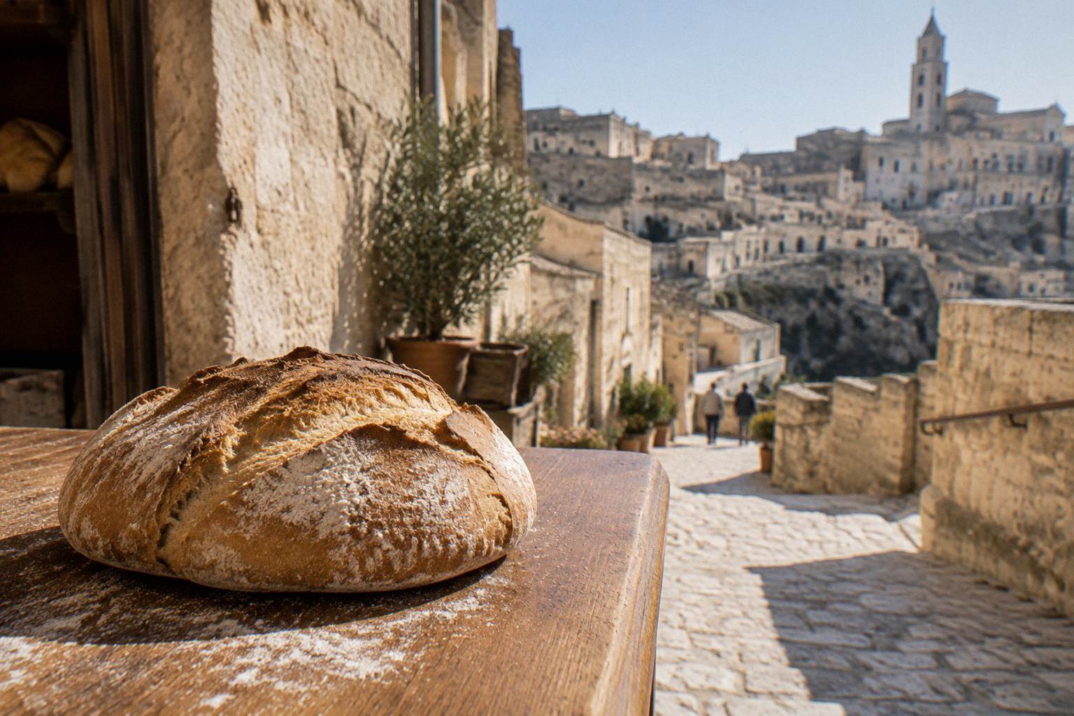 A round crusty loaf of bread on a wooden counter, flour dusting, no packaging or labels