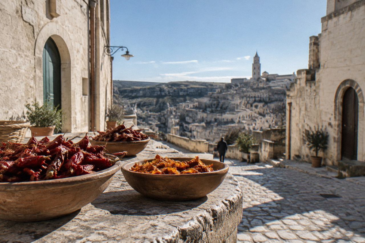 Bowls of dried red peppers and golden crisp fried pepper flakes on a rustic stone table