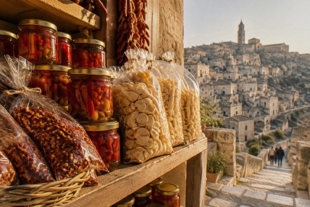 A shop shelf in Matera with jars of preserved peppers, bags of dried pepper flakes and local pasta