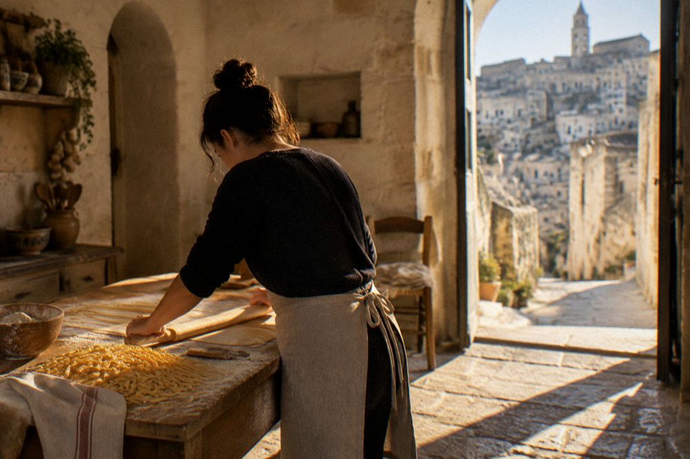 A cook rolling fresh pasta by hand on a wooden board in a stone farmhouse kitchen