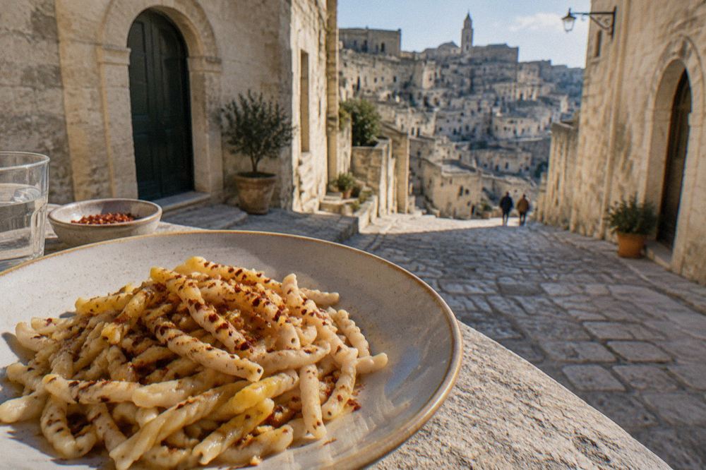 Golden fried pepper flakes scattered over a bowl of hand-rolled pasta on a ceramic plate