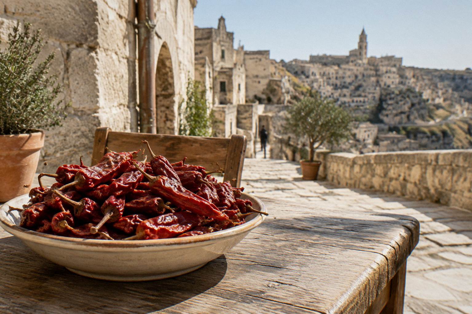 Crisp dried red peppers piled in a shallow bowl on a rustic table