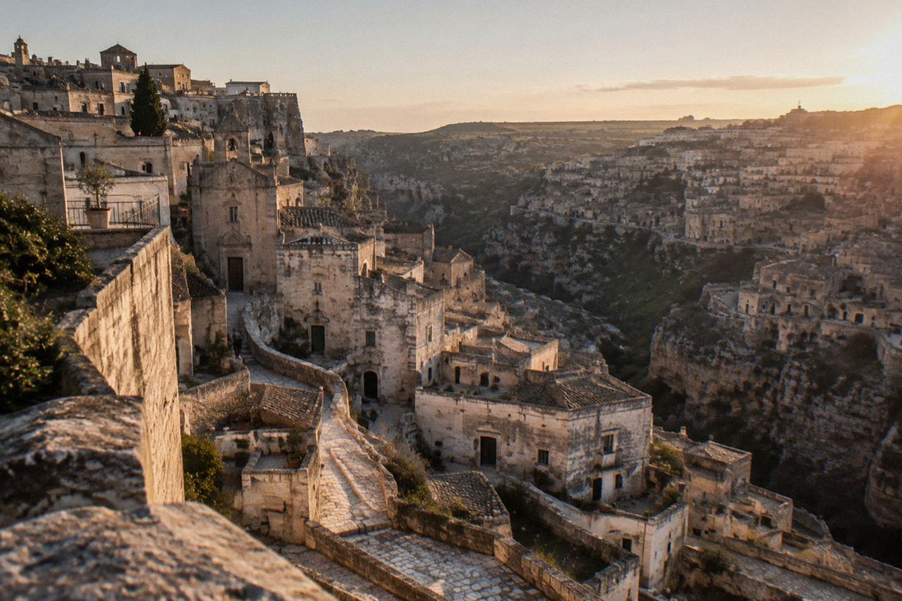 View over the pale stone buildings of the Sassi districts of Matera at golden hour