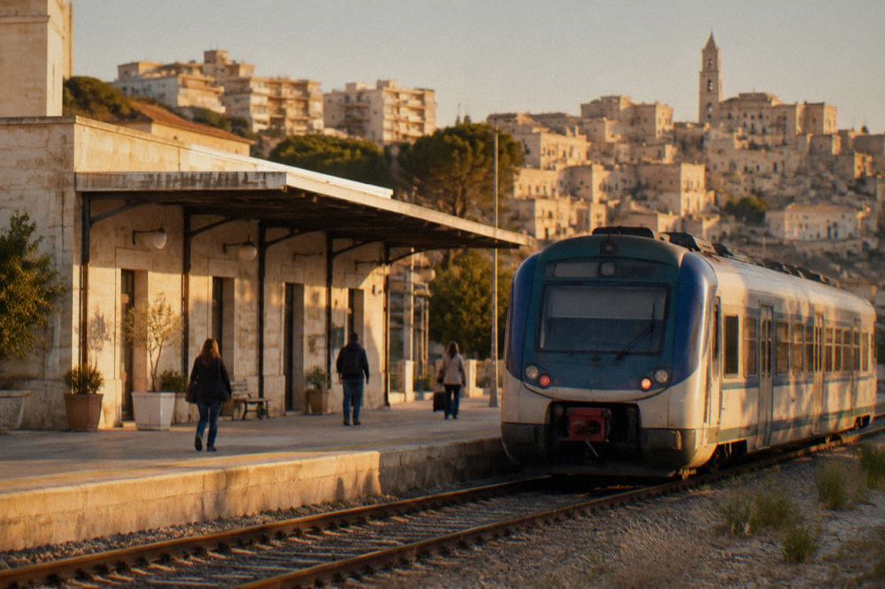 A regional train standing at a small southern Italian station platform