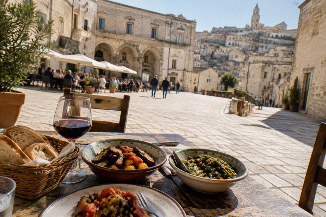 Rustic table with bread, wine and vegetable dishes in a stone dining room