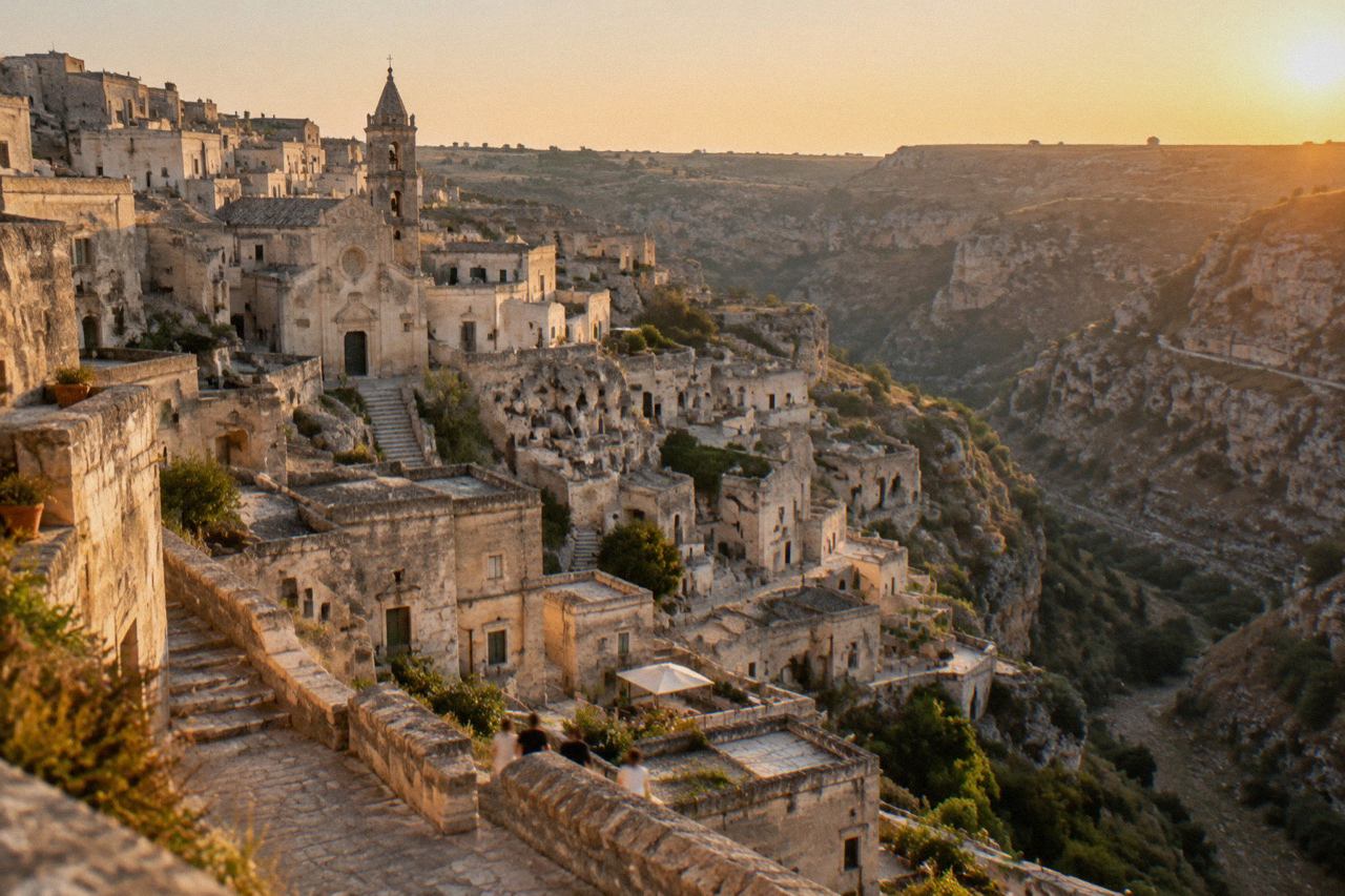 Pale stone cave dwellings of the Sassi rising above a deep canyon at the edge of Matera