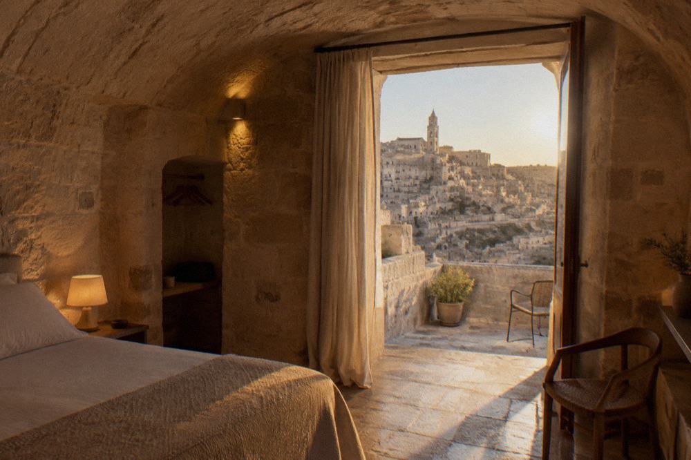A restored cave hotel room with a vaulted tufa ceiling, stone walls and warm bedside lighting