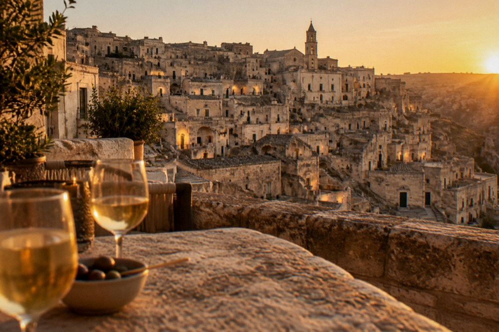 A cave hotel terrace in the evening overlooking the lit stone facades of the Sassi district