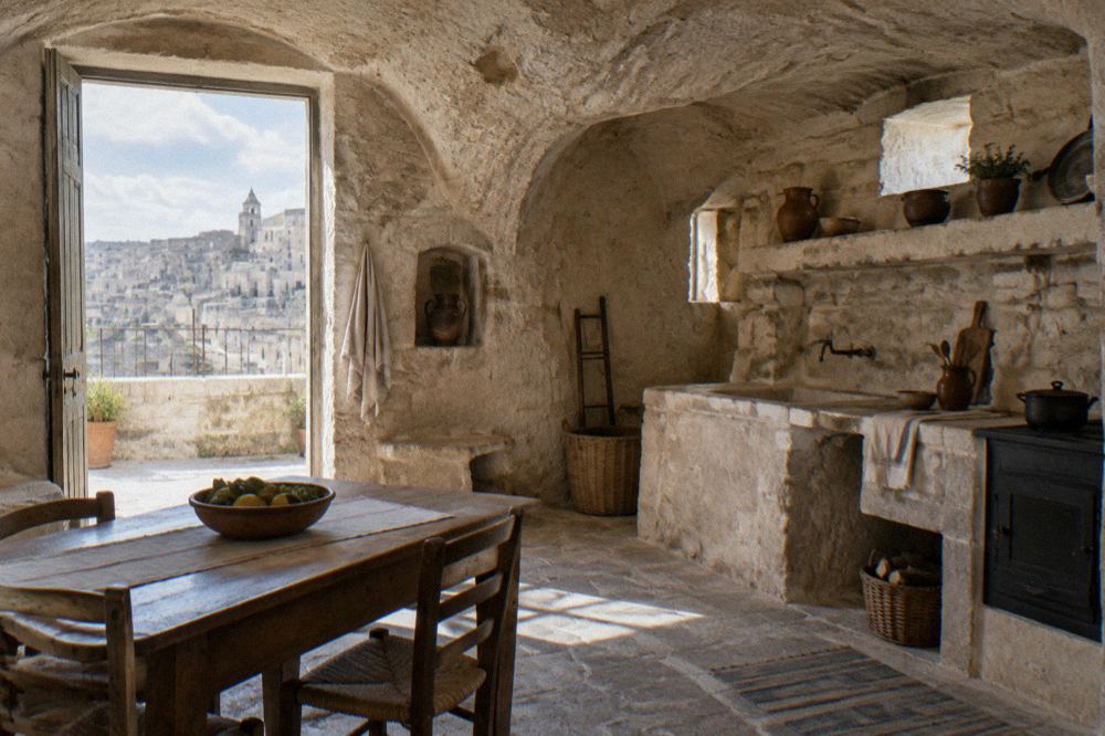 The interior of a restored cave dwelling in Matera with stone furnishings and kitchen tools