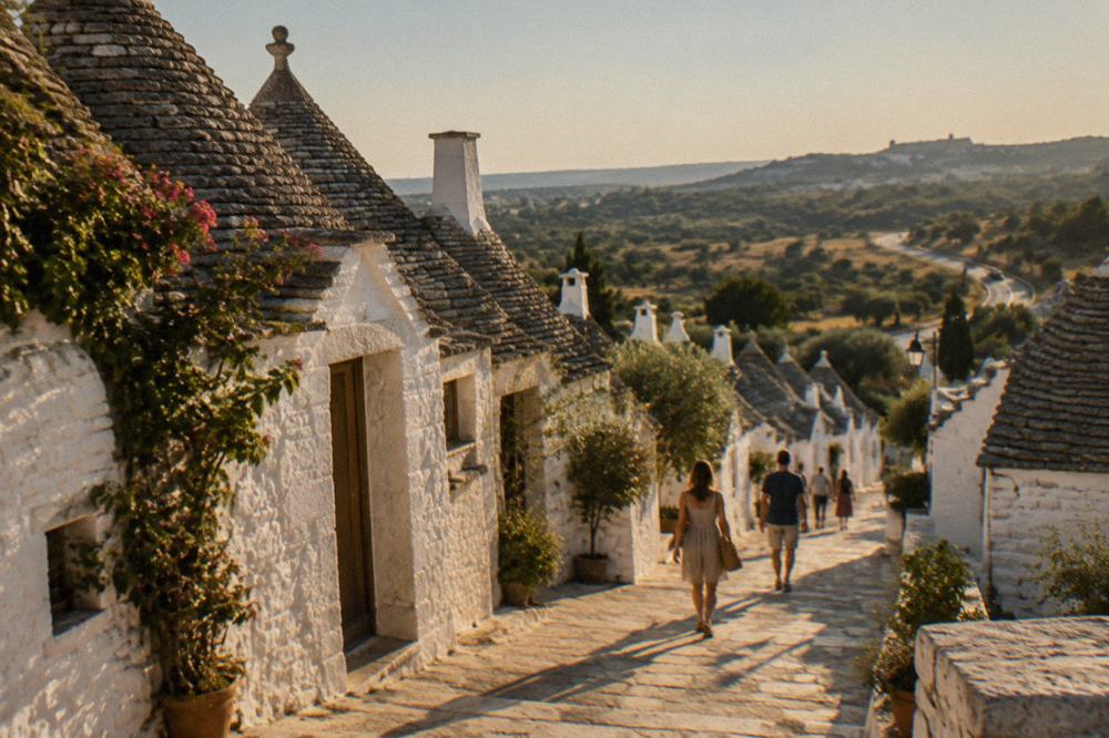 A road winding through the rolling countryside of southern Italy between Matera and Alberobello