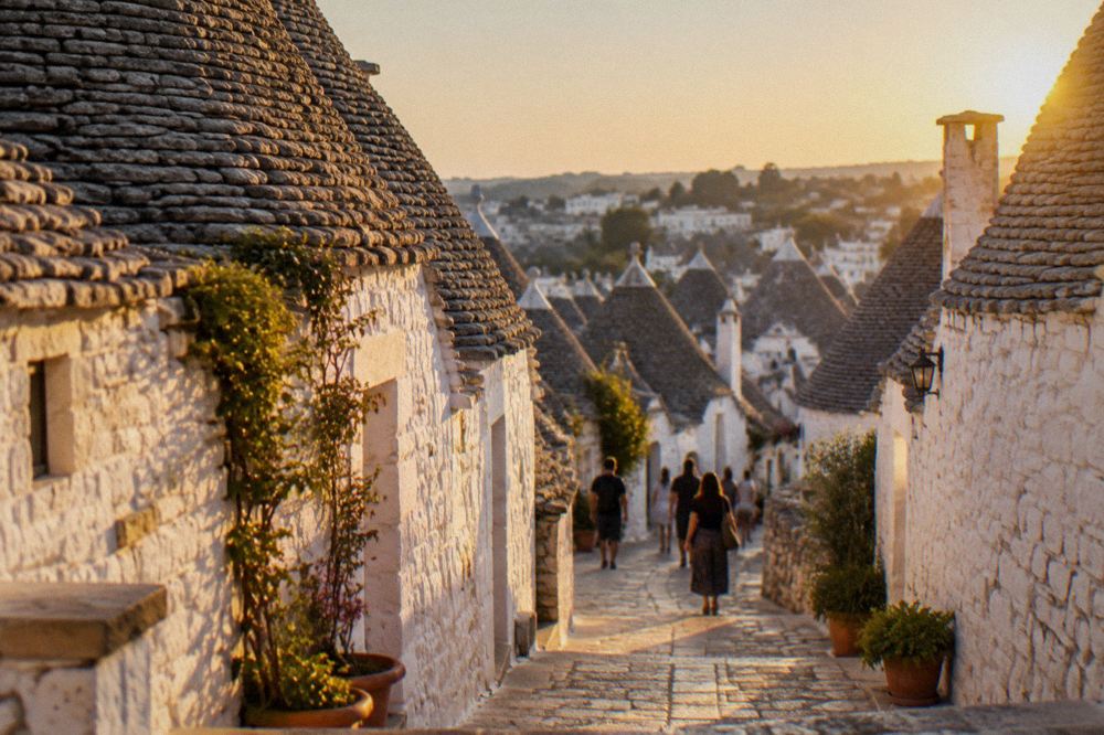 Conical trulli rooftops of Alberobello seen from a lane between the white stone houses