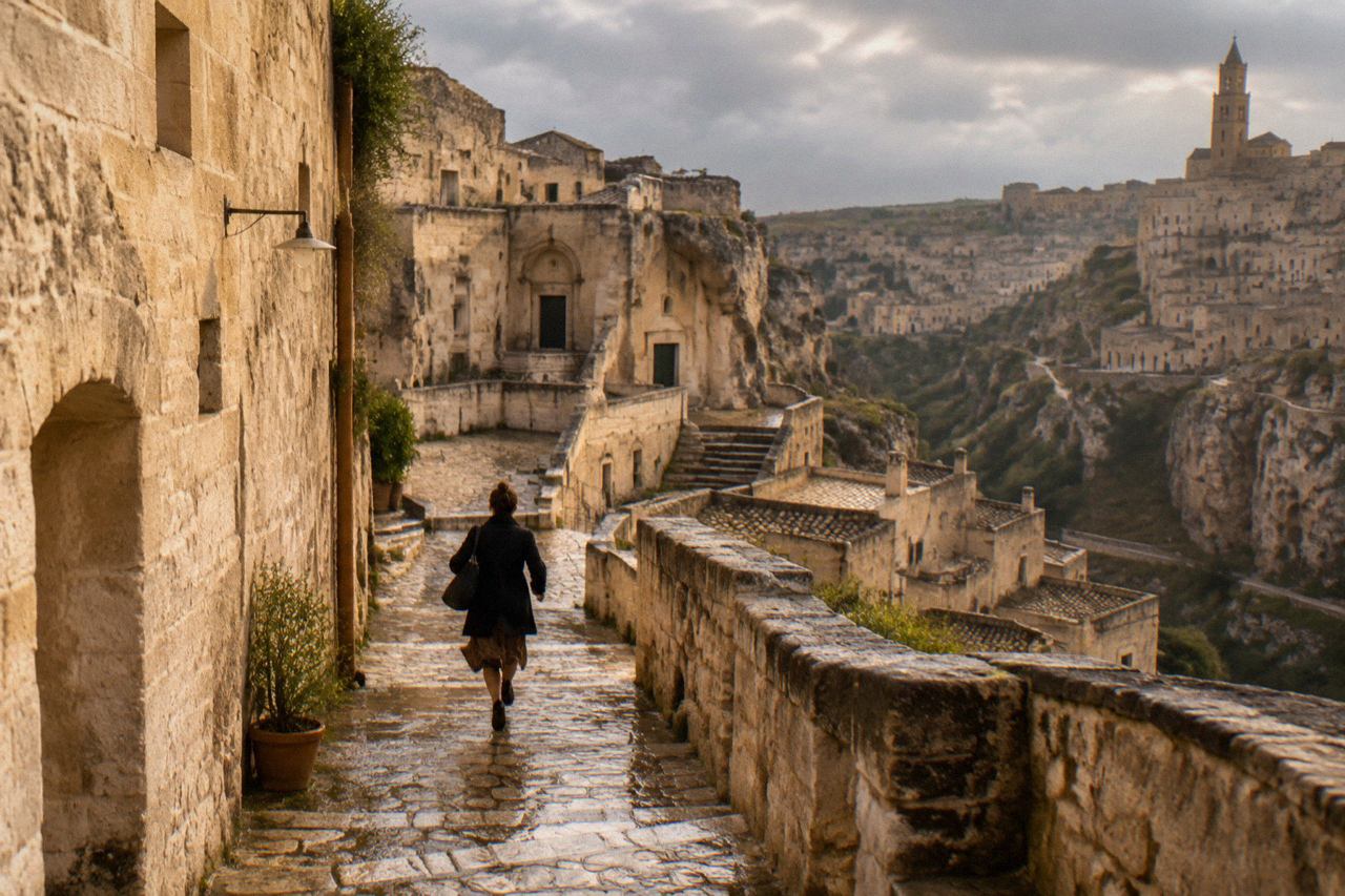 Wet stone steps and pale cave houses in the Sassi of Matera under grey rain clouds