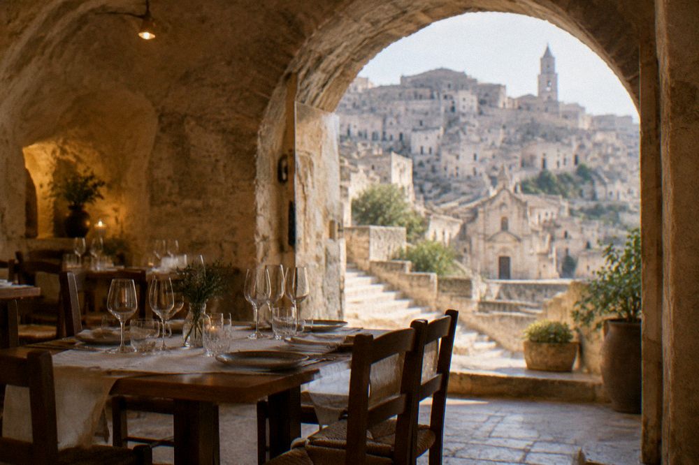 Rustic interior of a cave restaurant in Matera with stone vaults and a set table