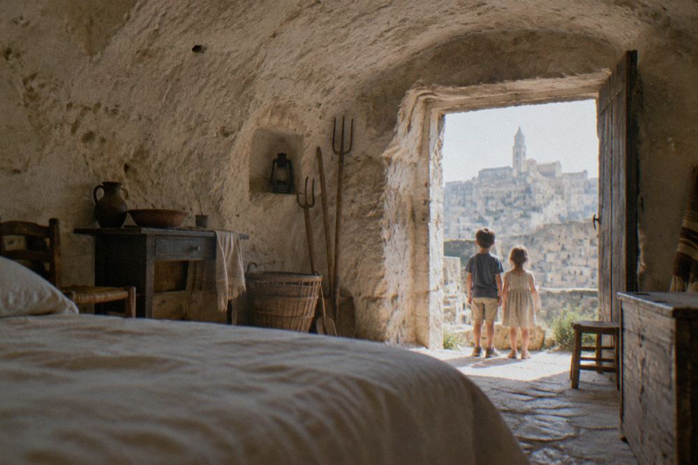 Children looking out from a cave doorway toward the stone facades of the Sassi