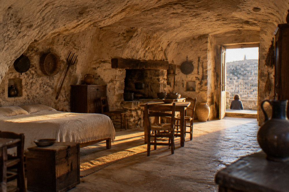 A furnished interior of a cave house with old kitchen tools and a stone hearth