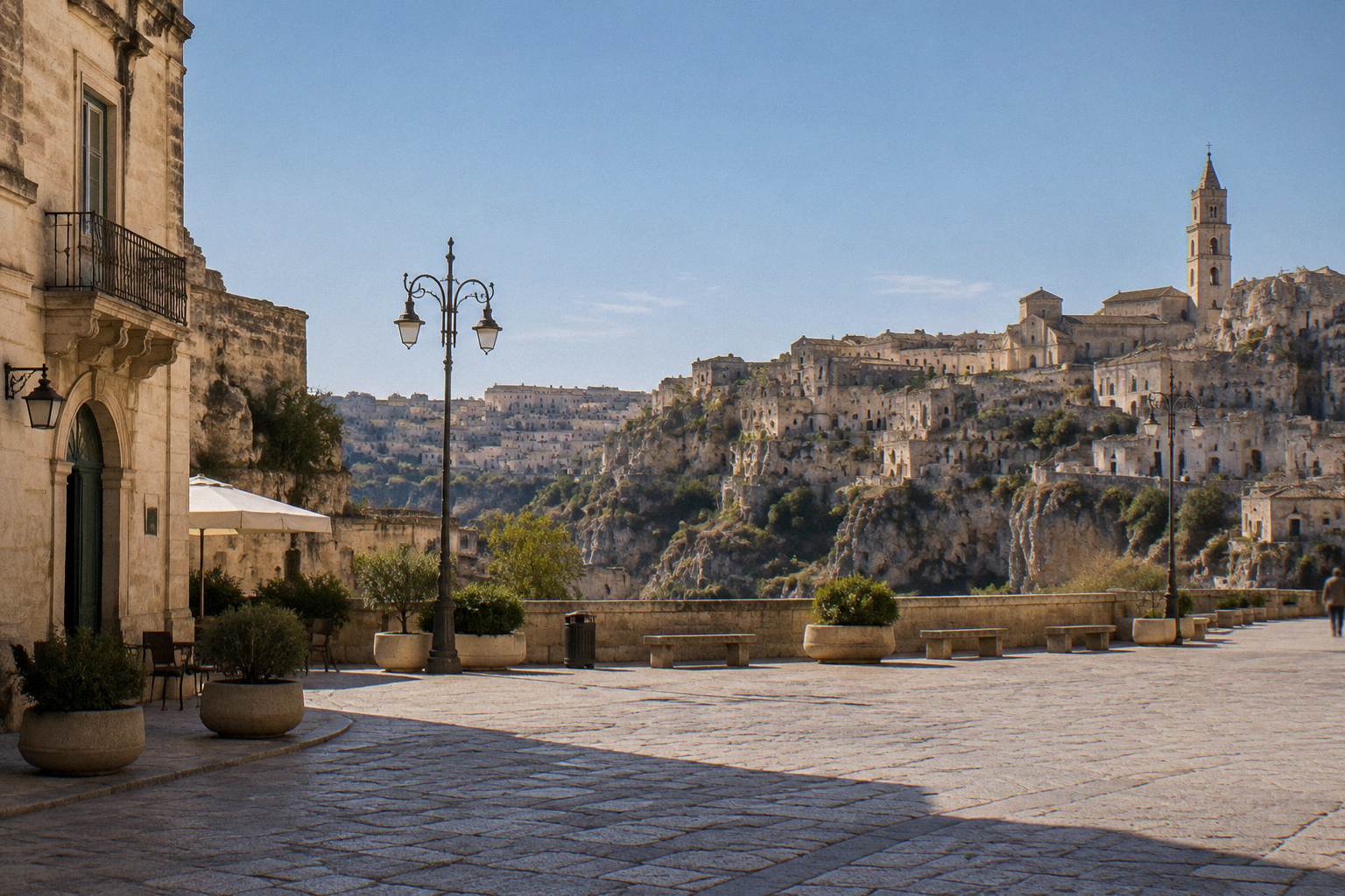 Open paved square at the edge of the Sassi with space to walk, no people in focus