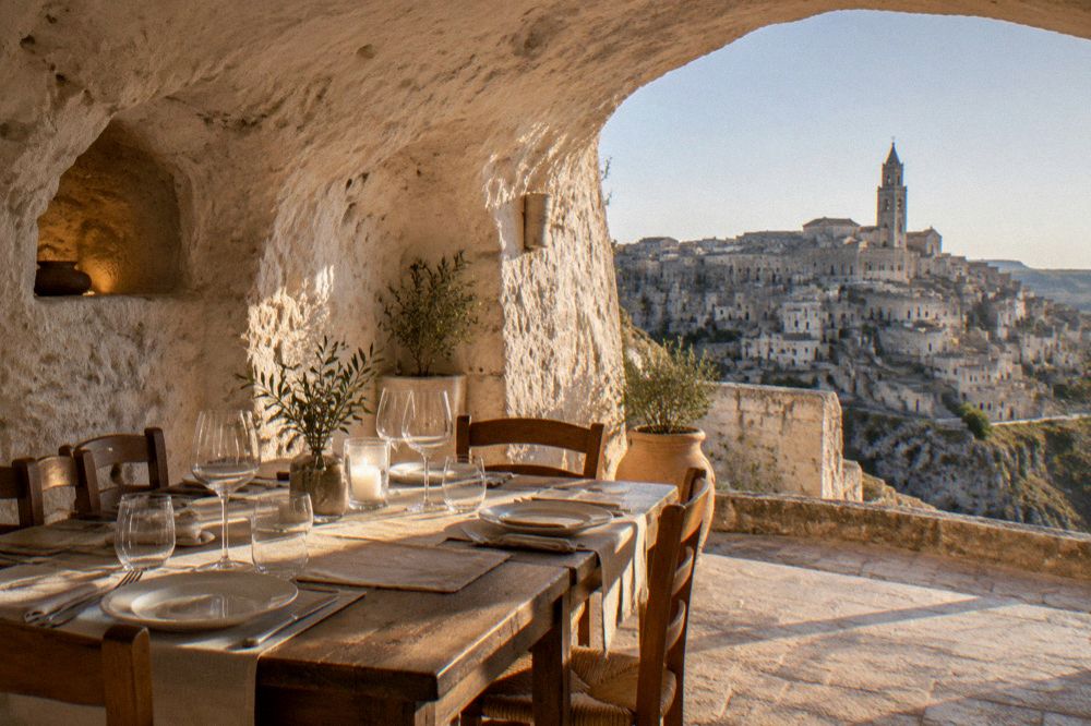 A table set for dinner inside a whitewashed cave restaurant in Matera
