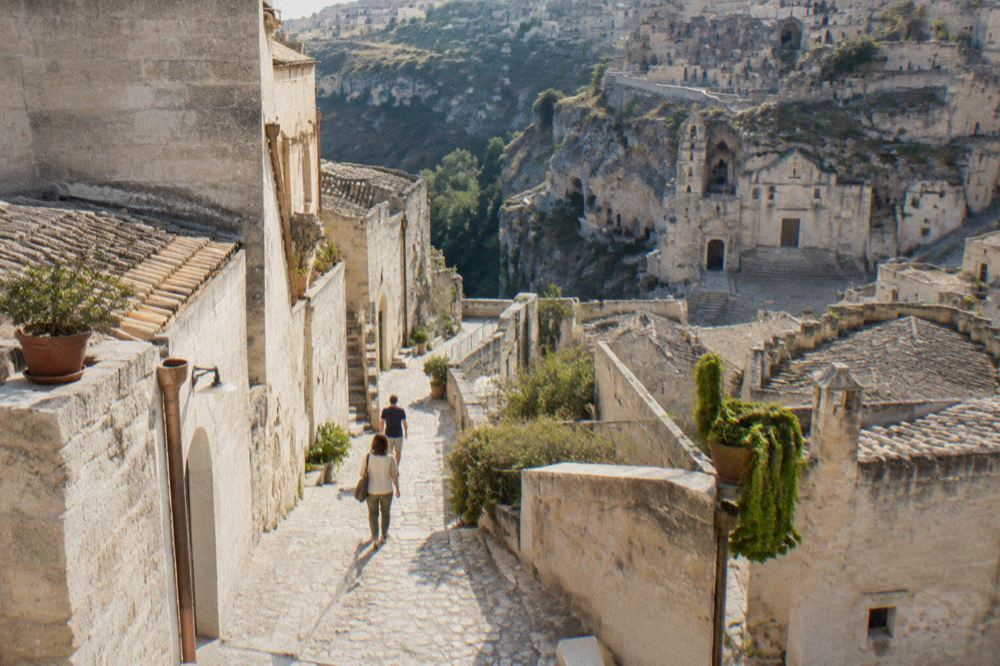A pedestrian stone street in Matera's old town closed to traffic