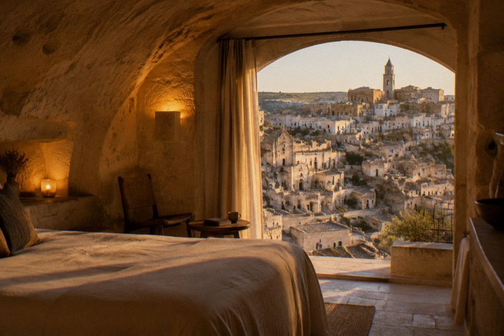Cave hotel room with vaulted stone ceiling and warm lighting in the Sassi
