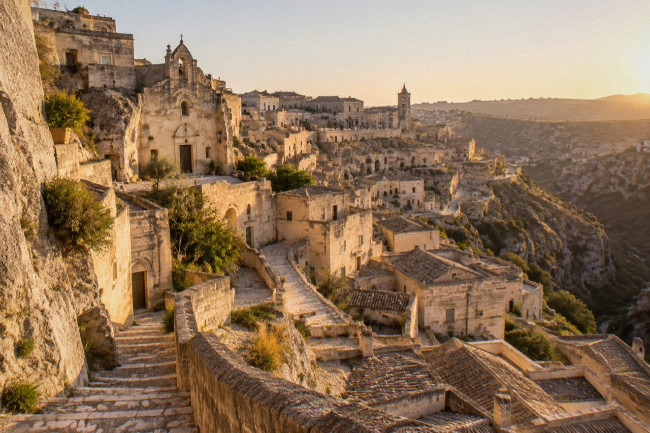 View over the cave dwellings of the Sassi districts in Matera at golden hour