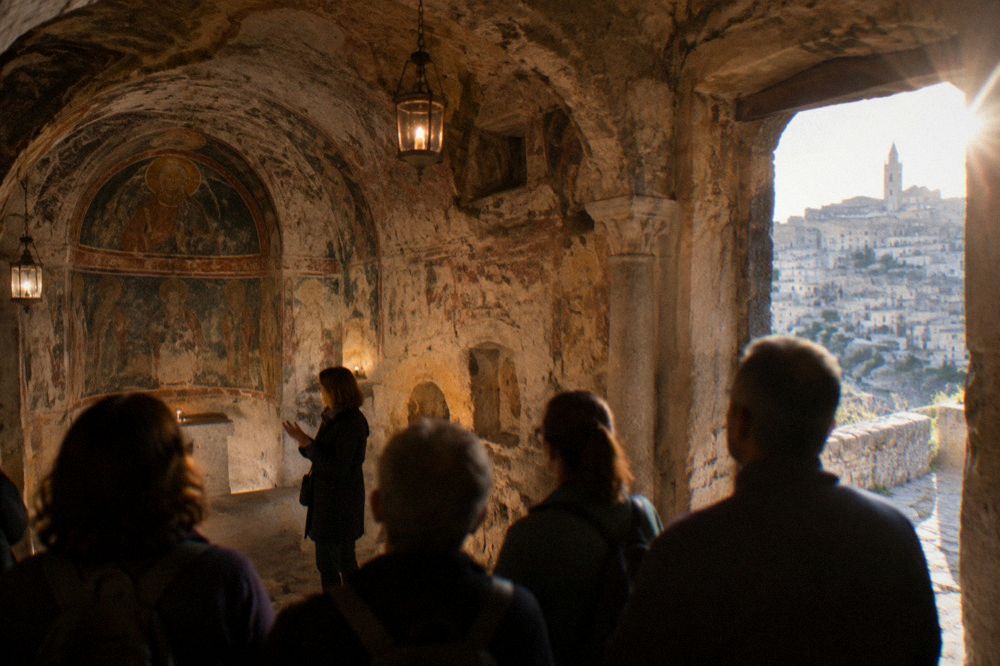 Small guided group listening to a guide in a lantern-lit cave church in Matera