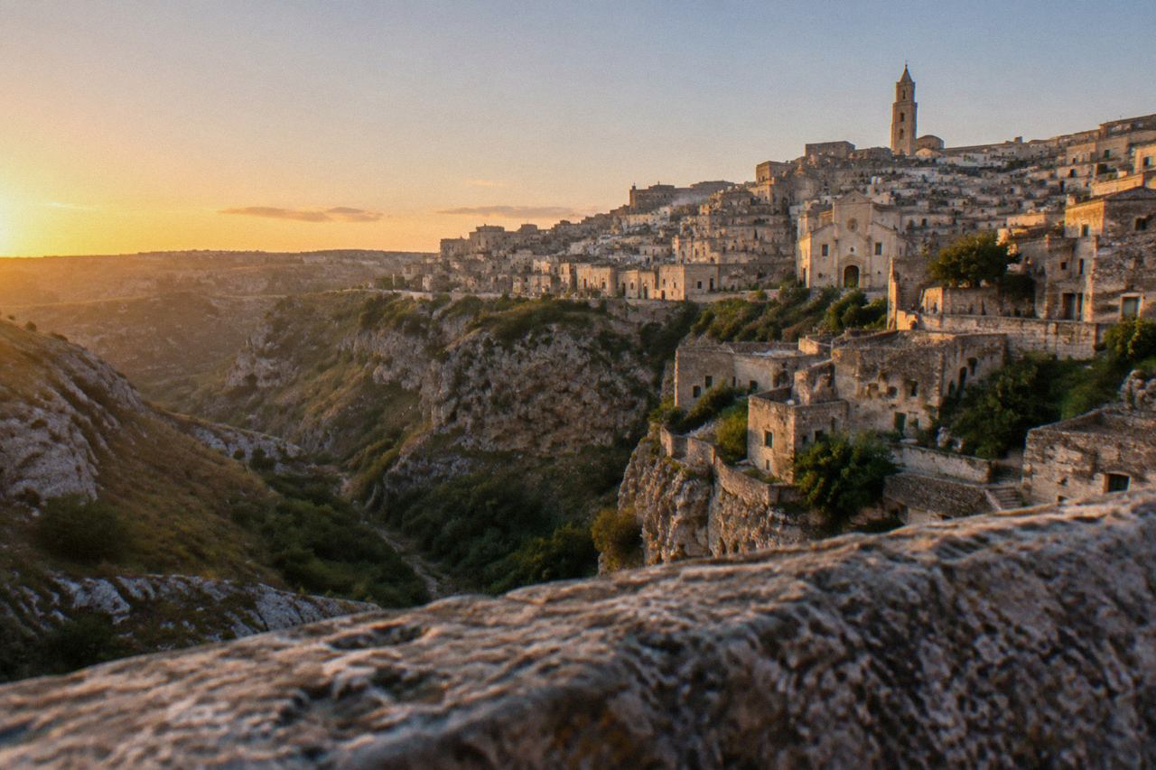 The Sassi districts of Matera seen from across the Gravina canyon at golden hour