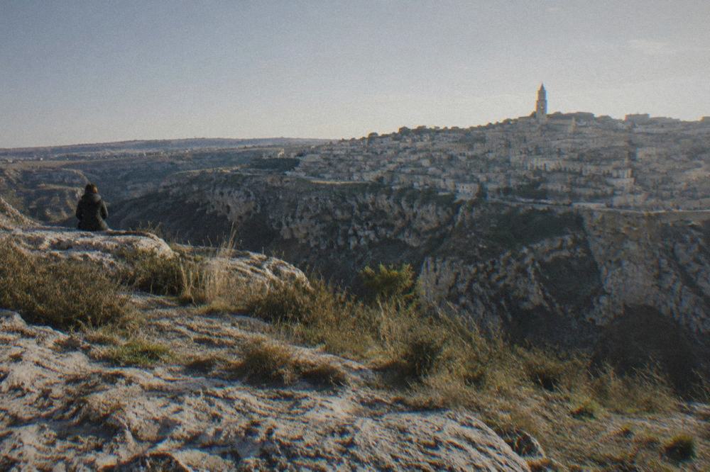 The Belvedere Murgia Timone viewpoint with the Sassi of Matera rising on the far side of the Gravina canyon