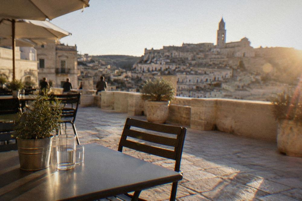 The terrace of Piazza Vittorio Veneto looking over the rooftops of the Sassi in Matera