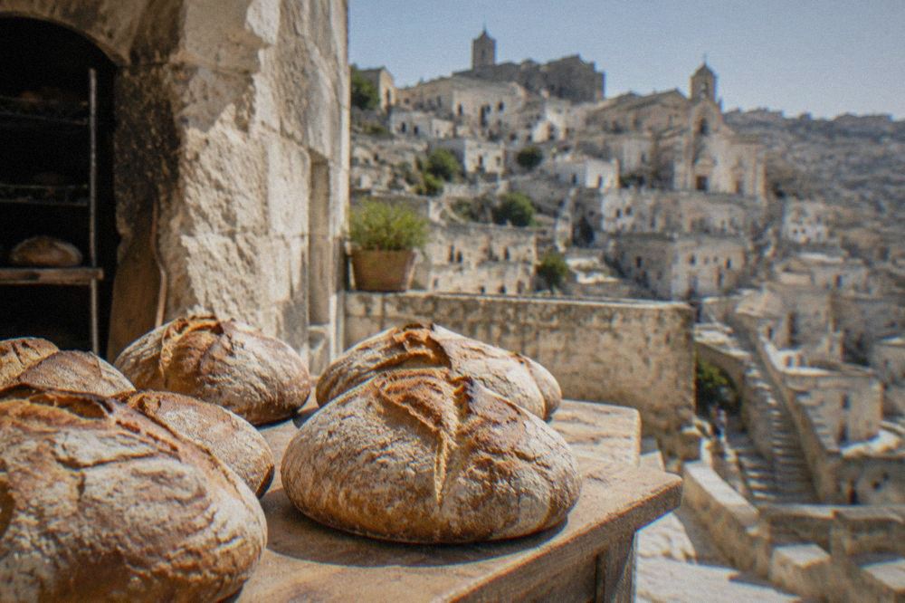 Round loaves of crusty bread cooling on a wooden board in a Matera bakery