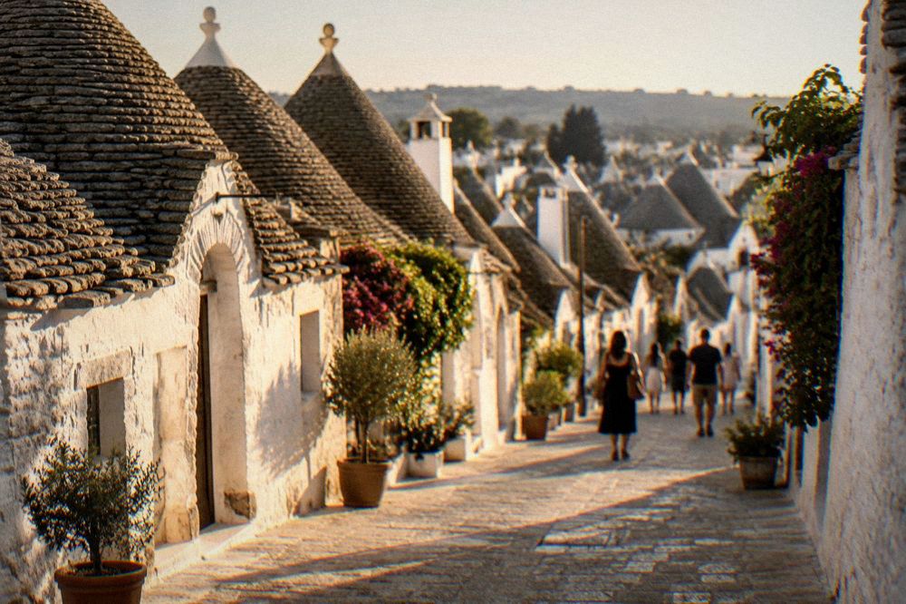 White trulli houses with conical stone roofs along a street in Alberobello